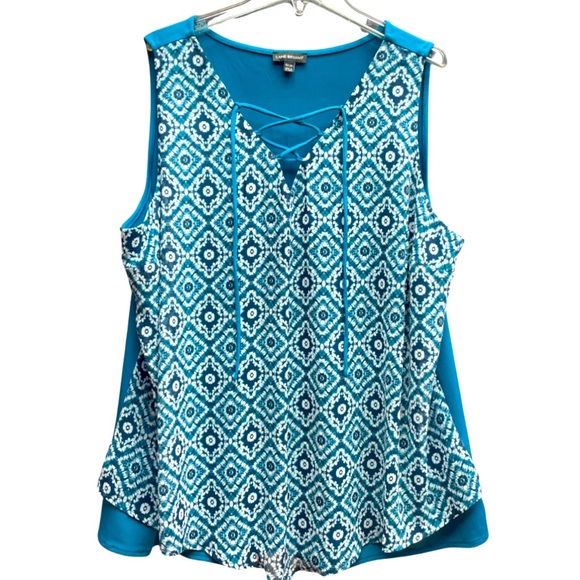 Lane Bryant Tops - Lane Bryant Blue White Diamond Print Lace Up V-Neck Sleeveless Top Sz 22/24